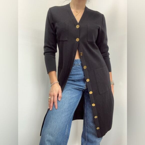 YSL Vintage Black Wool Cardigan Dress 3/4 Sleeve Large Gold Buttons Size M - Picture 5 of 14